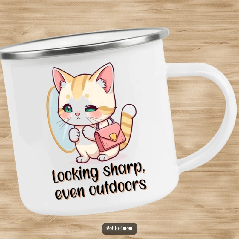Funny Bobtail cat with a tiny purse looking at its reflection in an outdoor setting. A humorous camping mug, a great gift.