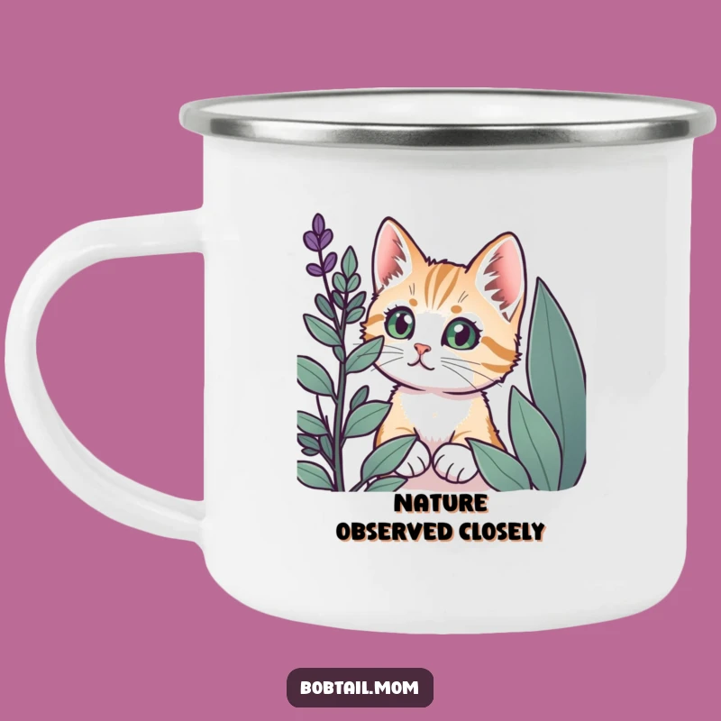 Funny Bobtail Cat Plant Peek Camping Mug - Explore with Curious Charm