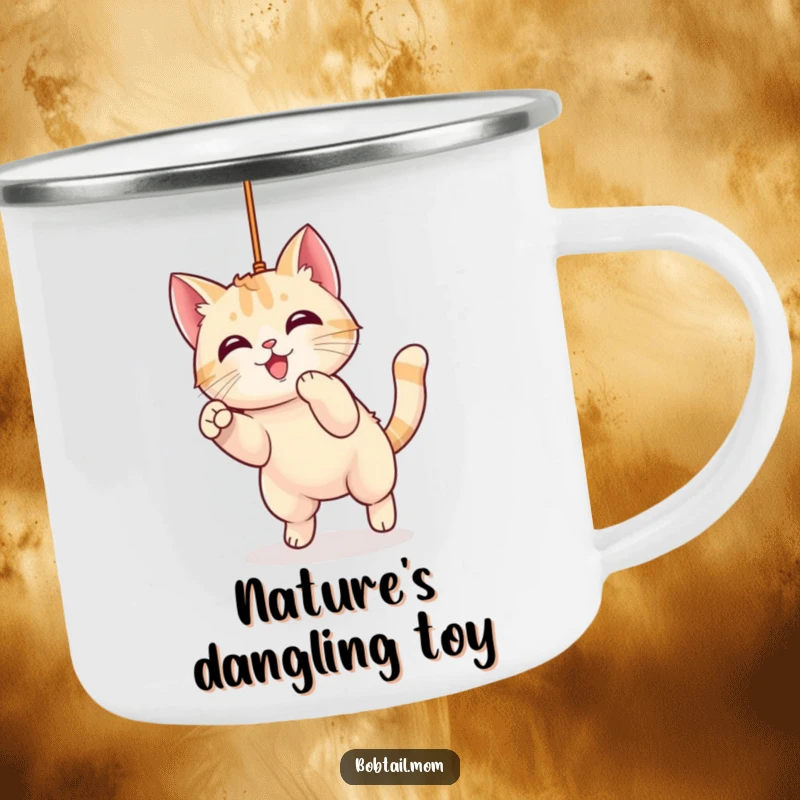 Funny Kawaii Bobtail Cat Camping Mug showing a cute cat character pouncing playfully at a string, designed for outdoor fun and humor.
