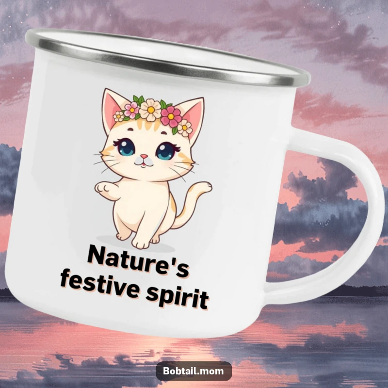 Funny camping mug featuring a bobtail cat wearing a flower crown, prancing gaily, ideal for enjoying drinks outdoors.