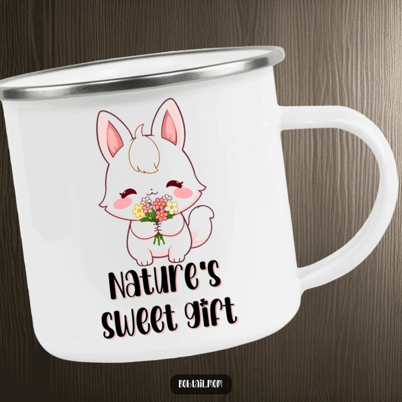 Funny Bobtail Camping Mug: A shy bobtail cat offering flowers, perfect for a heartwarming and humorous outdoor gift.