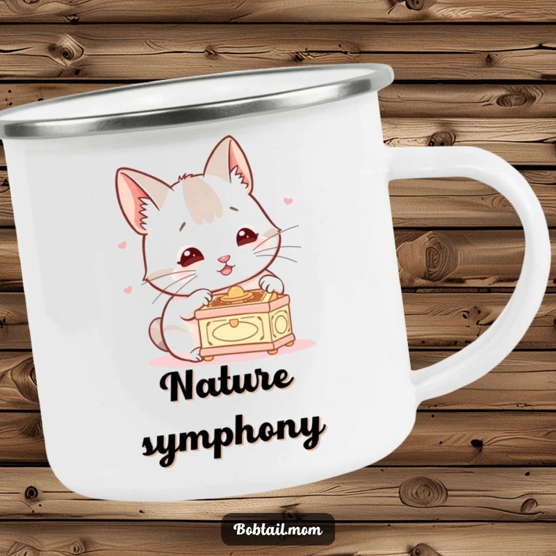 Funny Bobtail Camping Mug with a dog intently listening to a tiny music box, a humorous and durable cup for outdoor enthusiasts.
