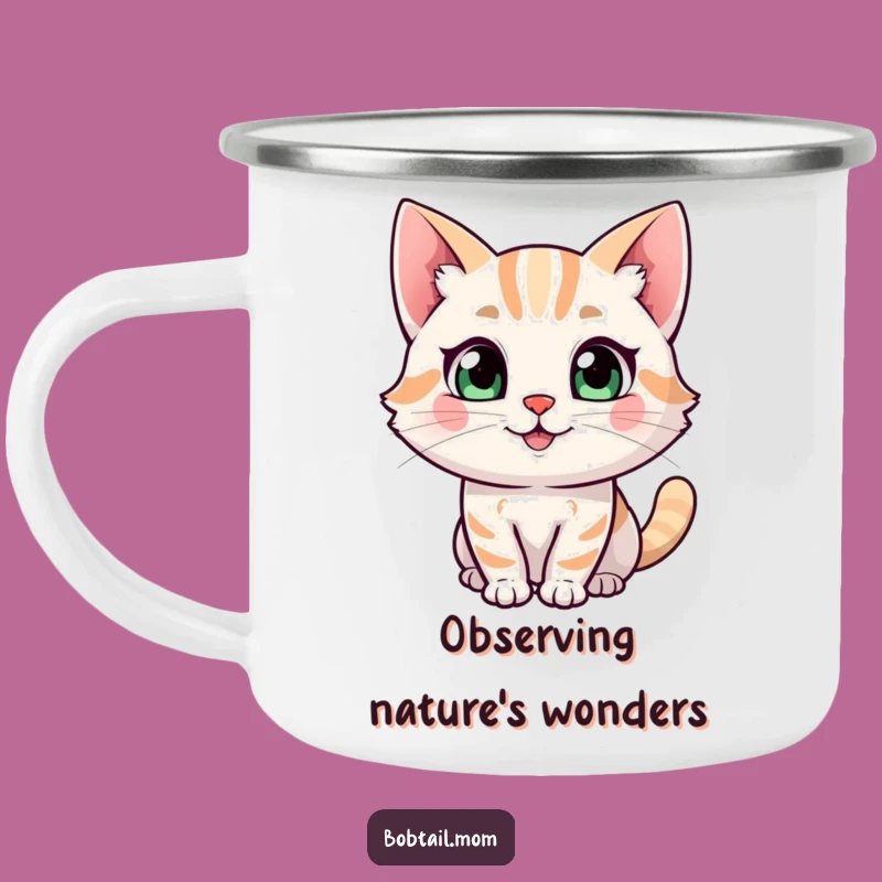 Funny Bobtail Cat Camping Mug: Curious Happy Character Adventure Gear