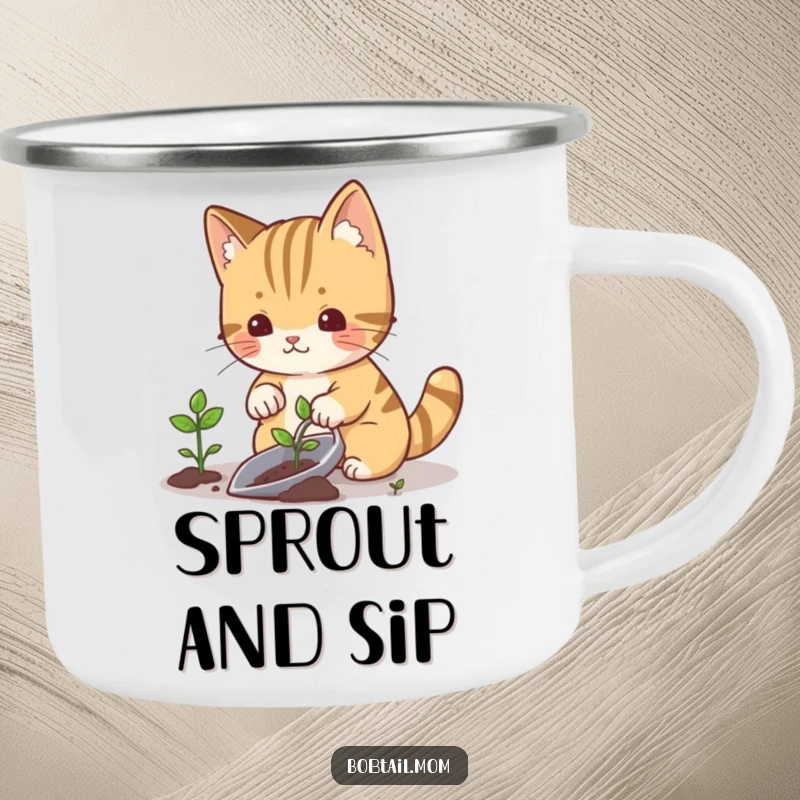 Funny bobtail cat planting a small sprout with a gardening trowel, durable camping mug design.