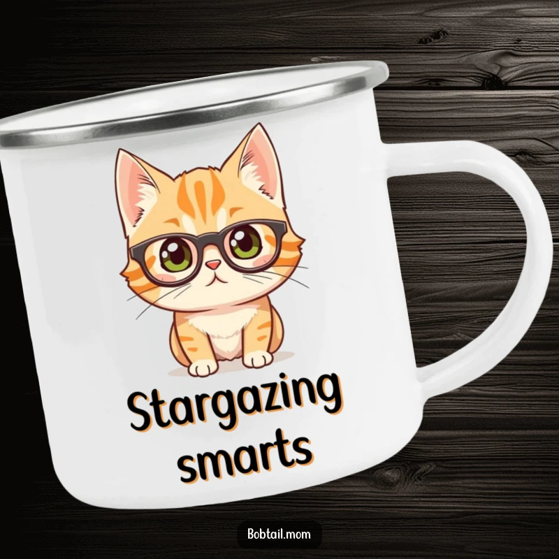 Funny bobtail cat with glasses, looking curious, on a rugged camping mug for outdoor thinking.