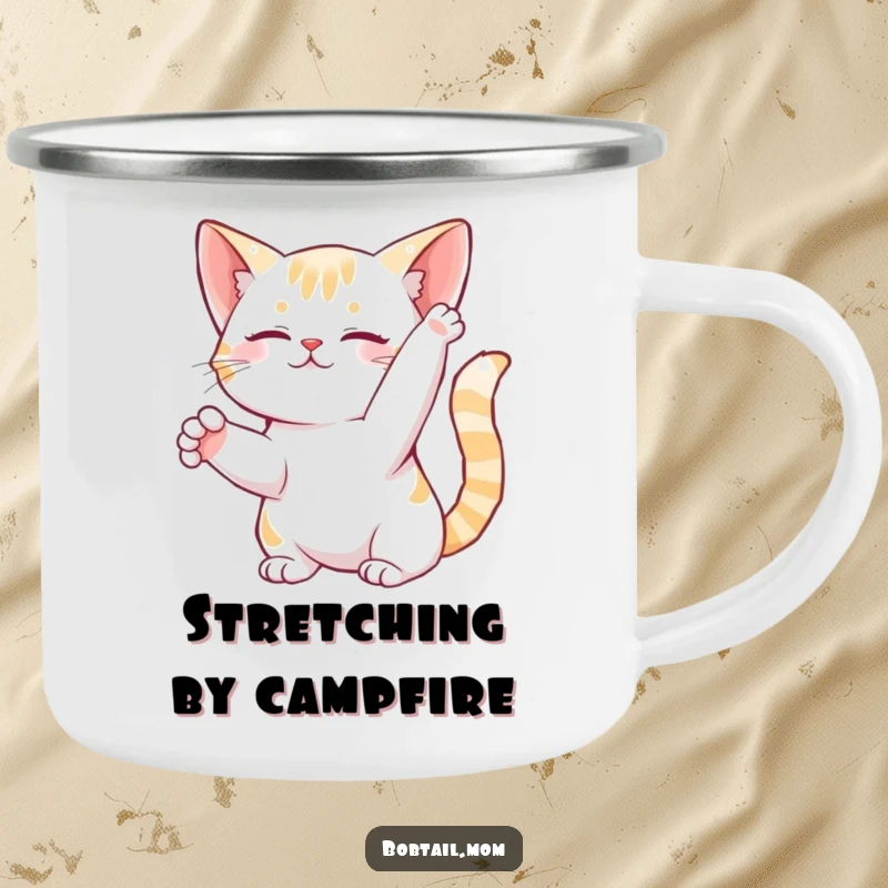 Funny Bobtail Cat Camping Mug showing a graceful feline in a gentle stretch, great for humorous outdoor enjoyment.