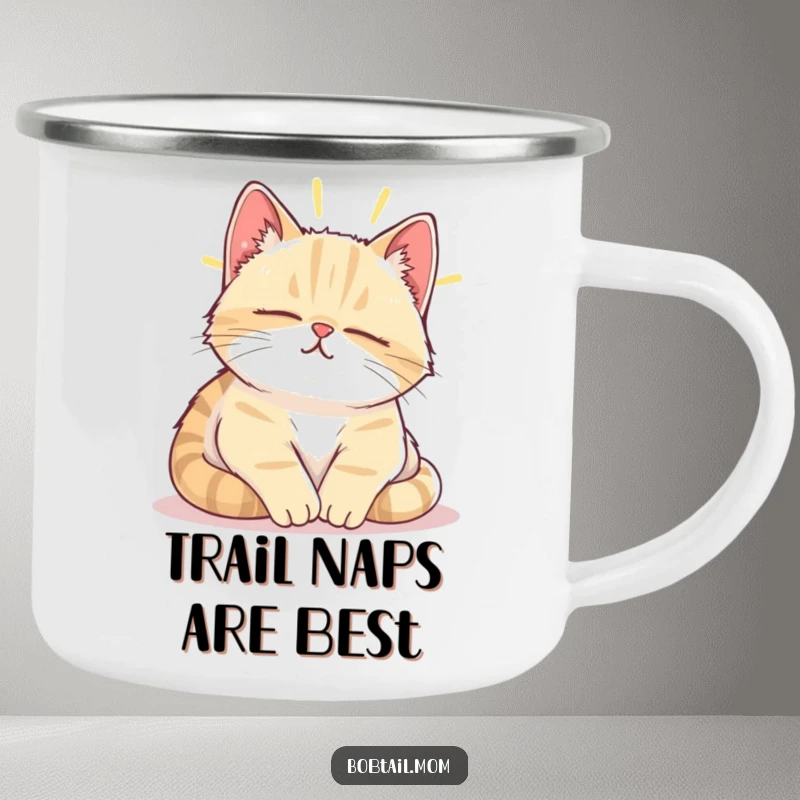 Funny Bobtail cat sighing contentedly while napping in a sunbeam, on a durable camping mug.