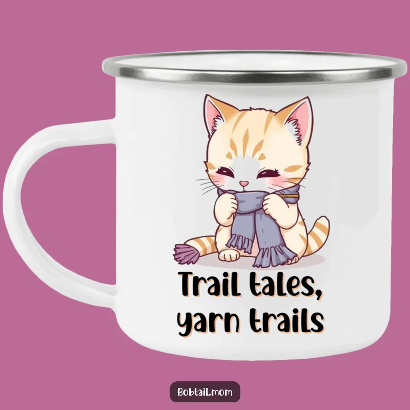 Funny Bobtail Cat Knitting Camping Mug: Adventure-Ready Feline Craft Humor Gift