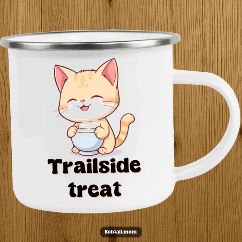 Funny Bobtail cat balancing a milk saucer, perfect for outdoor adventures on this durable camping mug.
