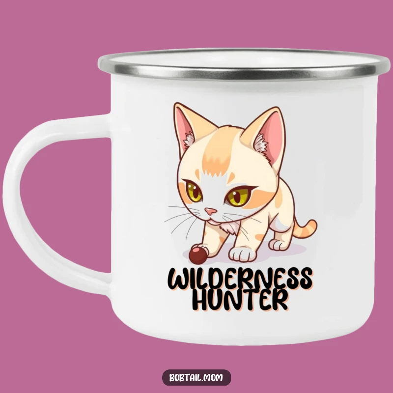 Funny Bobtail Cat Camping Mug: Determined Hunter for Outdoor Adventures