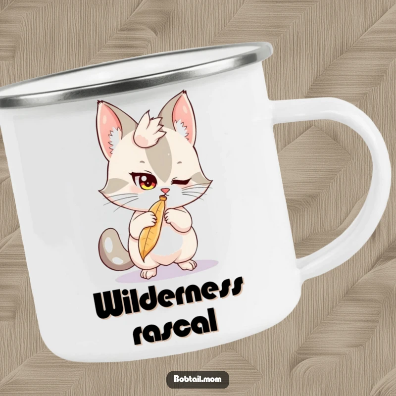 Funny Bobtail Camping Mug: A mischievous bobtail cat batting at a feather, perfect for a humorous outdoor gift.