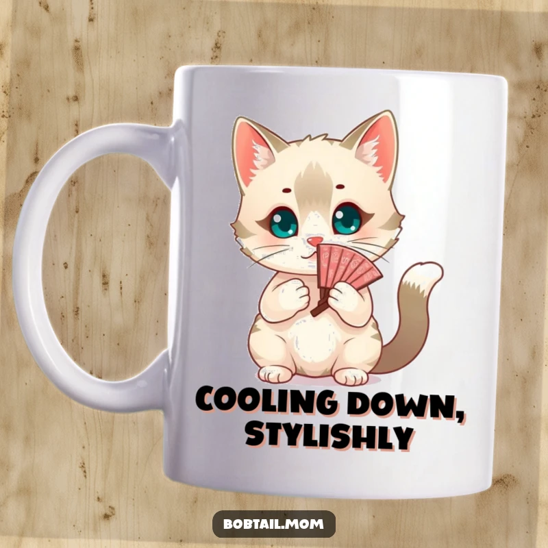 Funny chic Bobtail cat gracefully fanning itself with an elegant decorative fan. A humorous mug for cat lovers, showcasing feline poise.