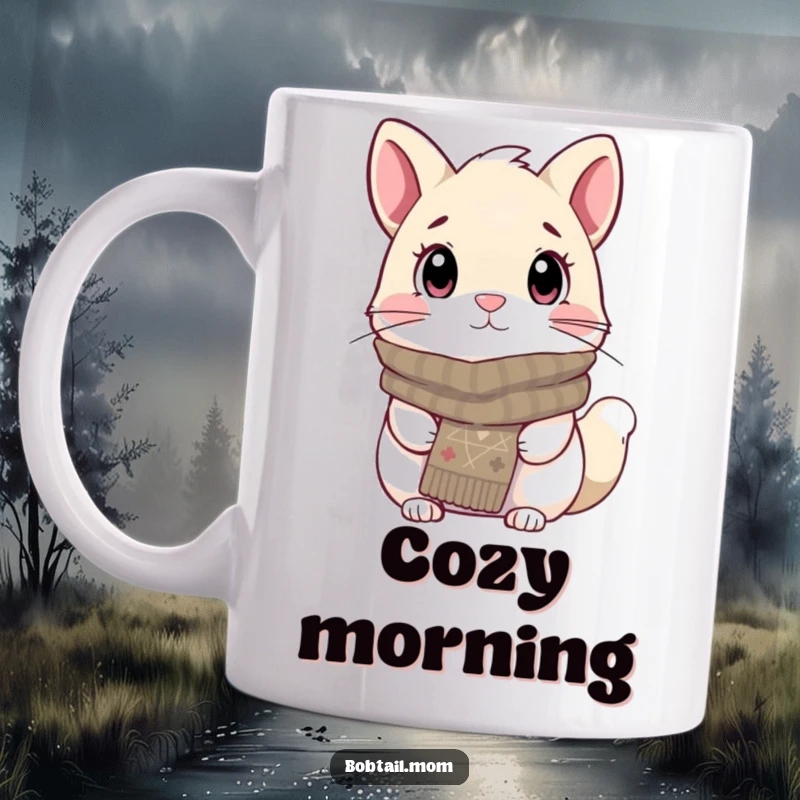 Funny Bobtail Mug with a dog wearing a knitted scarf, looking cozy and attentively attentive, perfect for warm beverages.