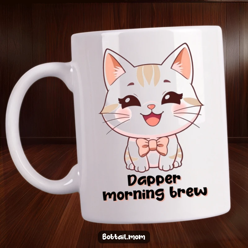 Funny Bobtail cat mug featuring a happy, grinning cat wearing a tiny, dapper bowtie.