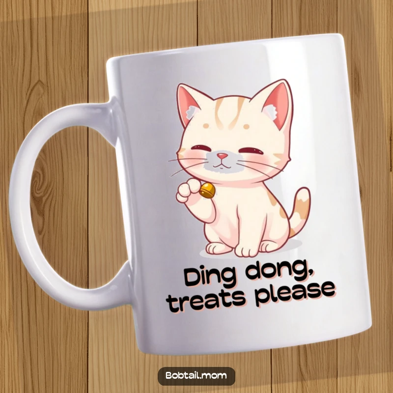 Funny Bobtail Cat Mug featuring a Bobtail cat delicately tapping a small bell with its dainty paw, creating a playful sound.