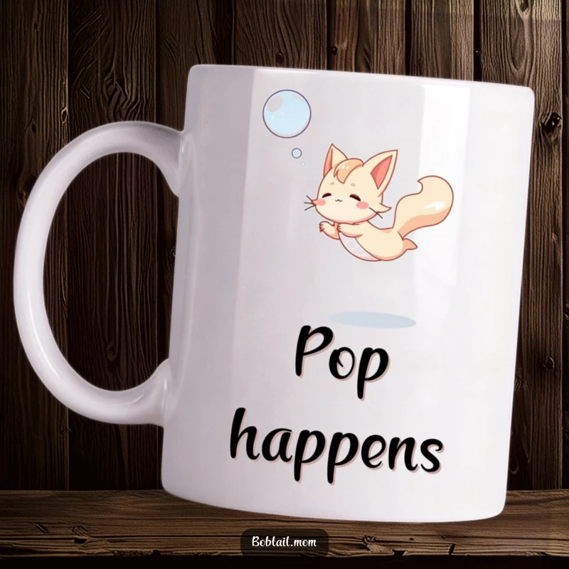 Funny Bobtail Mug depicting a dog gracefully leaping high to catch a floating iridescent bubble, showcasing pure playful energy.