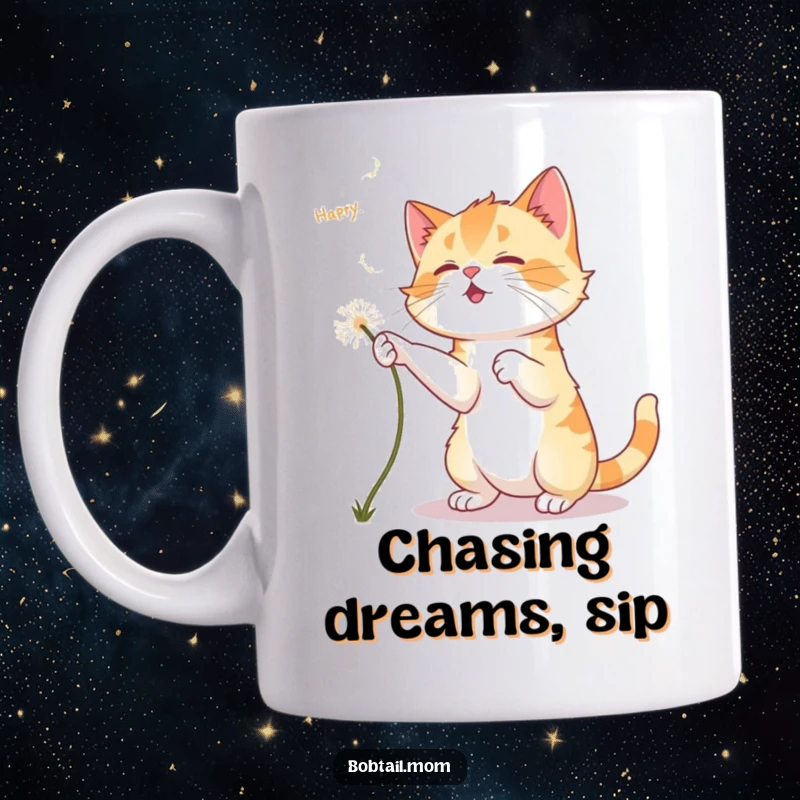 Funny Bobtail Cat Mug: A Bobtail cat playfully chases a falling dandelion fluff, embodying innocent fun and feline curiosity.