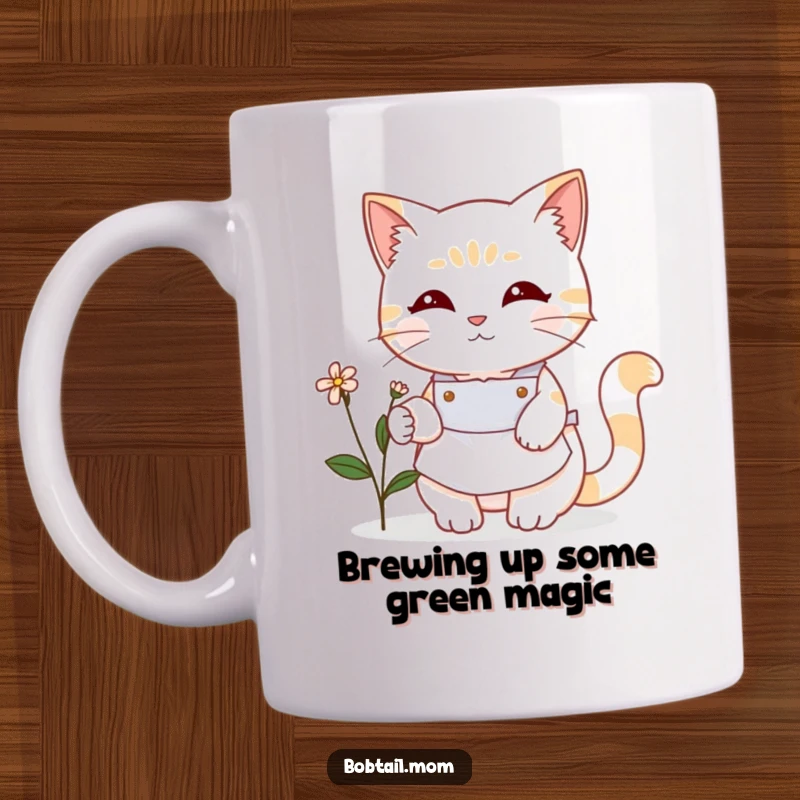 Funny Bobtail cat wearing a cute apron, gently tending to a small blooming flower. A heartwarming and humorous mug for gardeners.
