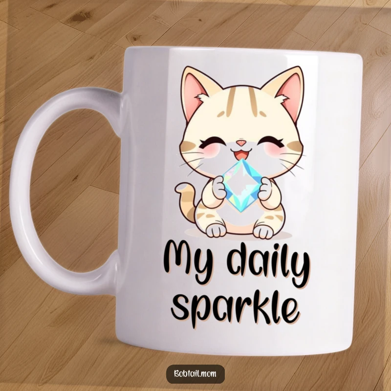 Funny Bobtail cat with a cheerful smile holding a sparkling gem, depicted on a bright, happy mug.