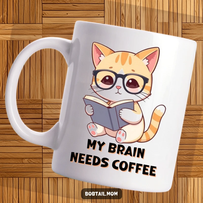 Funny Bobtail cat wearing small spectacles, intently reading a book, exuding a scholarly and charming personality.