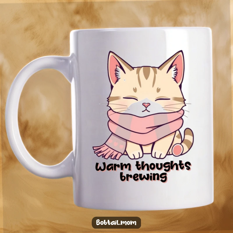 Funny bobtail cat wearing a cozy scarf, sleeping peacefully and contentedly, on a mug.