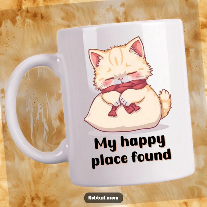 Funny Bobtail cat wearing a yarn scarf, happily kneading a soft cushion on this mug.