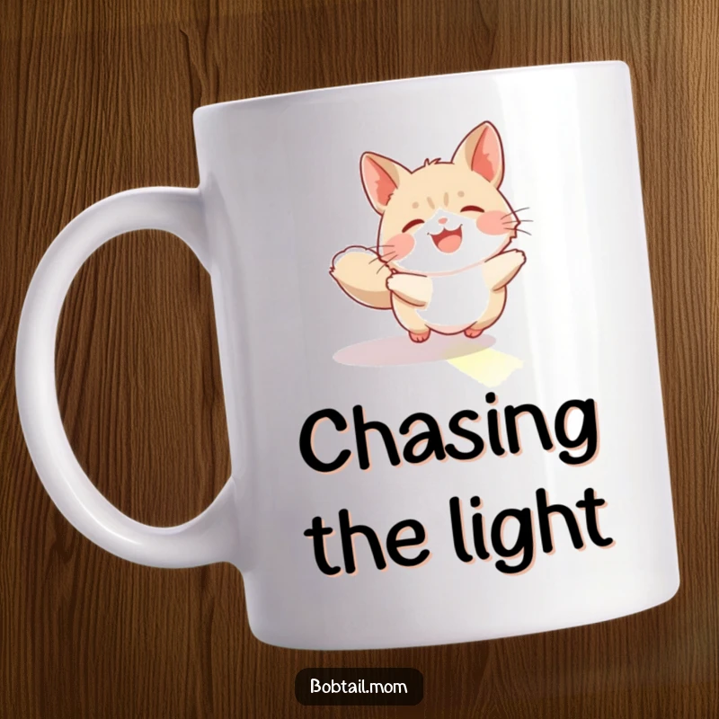 Funny Bobtail Mug: A bobtail cat joyfully chases a sunbeam across the floor, capturing pure feline delight.