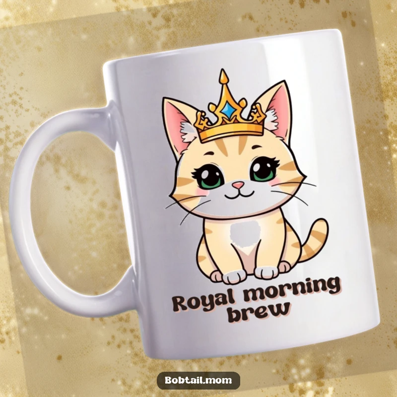 Funny majestic bobtail cat mug, a smiling cat wearing a golden crown, exuding royal charm and playful arrogance.