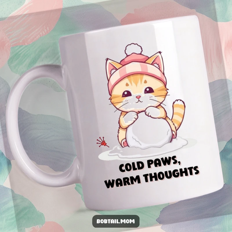 Funny mug featuring a bobtail cat wearing a winter hat, focused on building a tiny snowball with playful determination.