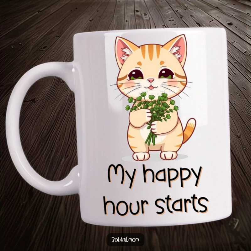 Funny Catnip Bobtail Cat Mug: Cat carrying catnip bouquet, expressing pure feline bliss and humor.