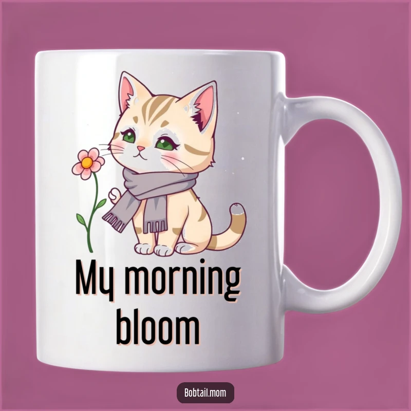 Funny Bobtail Cat Mug: Dainty Scarf Cat Admiring Flowers, Perfect Funny Gift for Cat Lovers