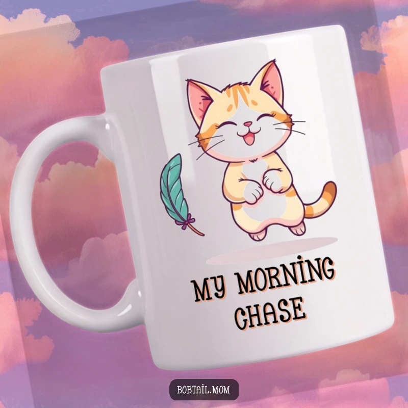 Funny Bobtail cat character mug, captured in a playful leap, chasing a feather toy, showing energetic cat fun.