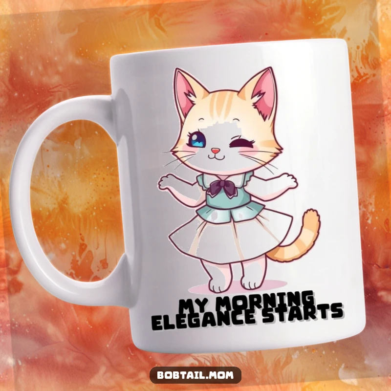 Funny Bobtail Cat Mug: Elegant feline in a dress twirling gracefully, exuding joy and style, perfect for a funny gift.