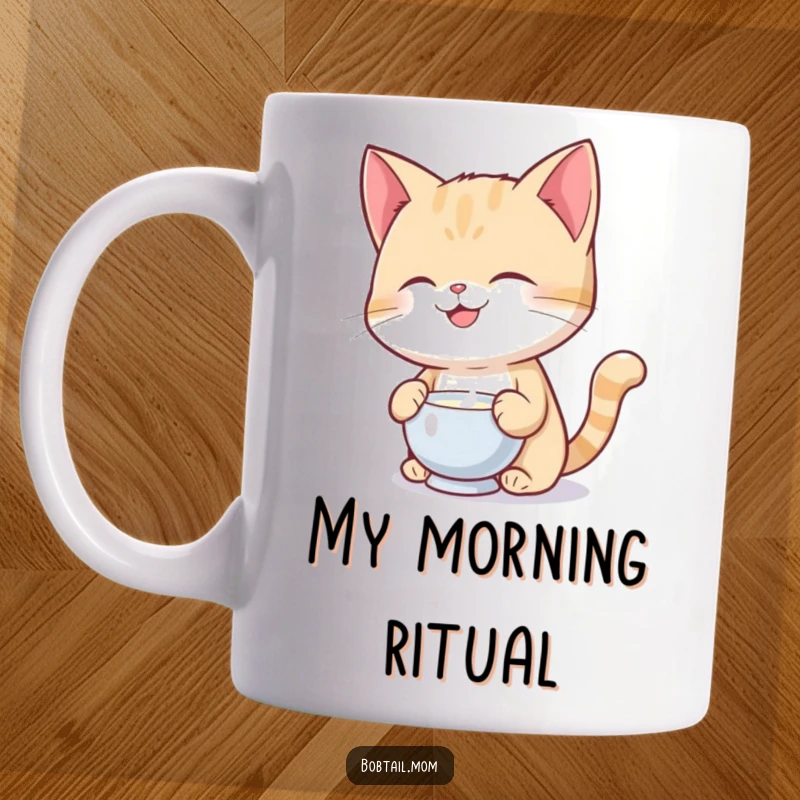 Funny Bobtail cat smiling while balancing a saucer of milk on its head, perfect for a coffee mug gift.