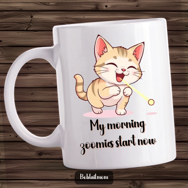 Funny Bobtail cat mug featuring a delighted feline leaping with glee, chasing a bright red laser pointer dot with intense focus.