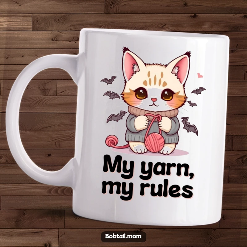 Funny Bobtail cat in a cozy sweater playfully batting at a ball of yarn, exuding pure, unadulterated joy and mischief.