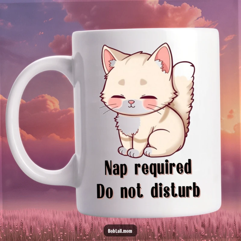 Funny Bobtail Cat Mug featuring a fluffy-tailed cat curled up contentedly, radiating pure joy and relaxation.
