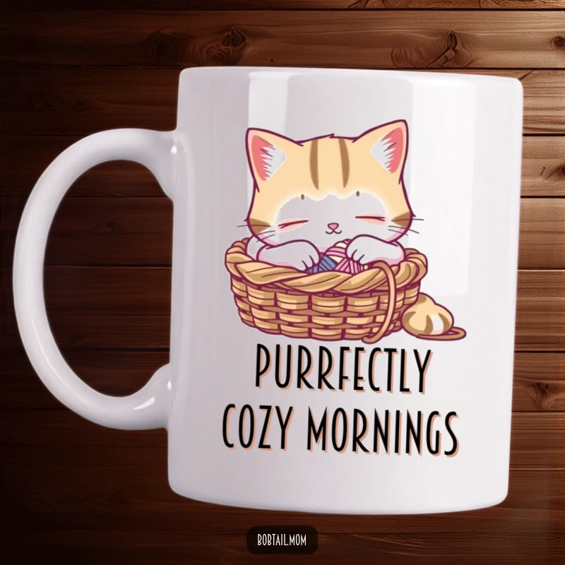 Funny mug showing a cute Bobtail cat peacefully napping next to a basket overflowing with yarn and knitting needles.