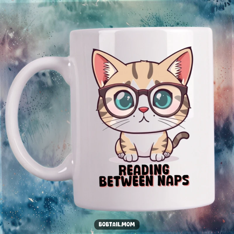 Funny Bobtail cat with a determined look wearing tiny reading glasses, focused on a book, featured on a mug.
