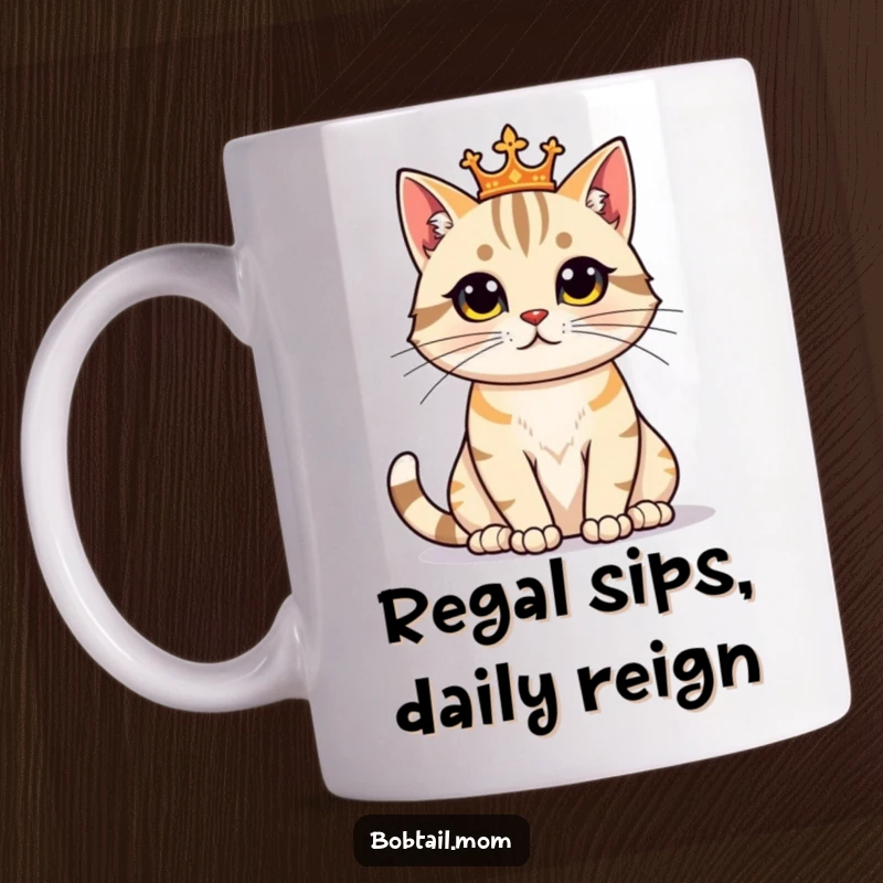 Funny Bobtail Cat Mug depicting a proud feline sitting regally, exuding majestic humor and confidence.