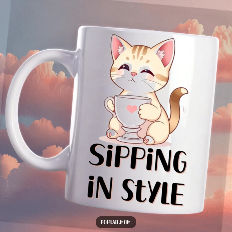 Funny Bobtail cat posing elegantly with a delicate miniature teacup, embodying sophisticated charm and a hint of playfulness.