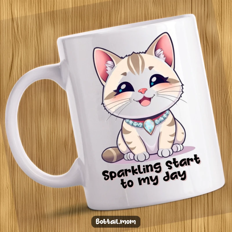 Funny Bobtail cat wearing a sparkling collar, smiling a contented, happy smile. A cheerful and humorous mug for cat enthusiasts.