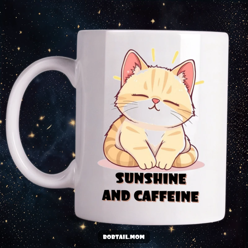 Funny Bobtail cat sighing contentedly while napping in a warm sunbeam on this mug.