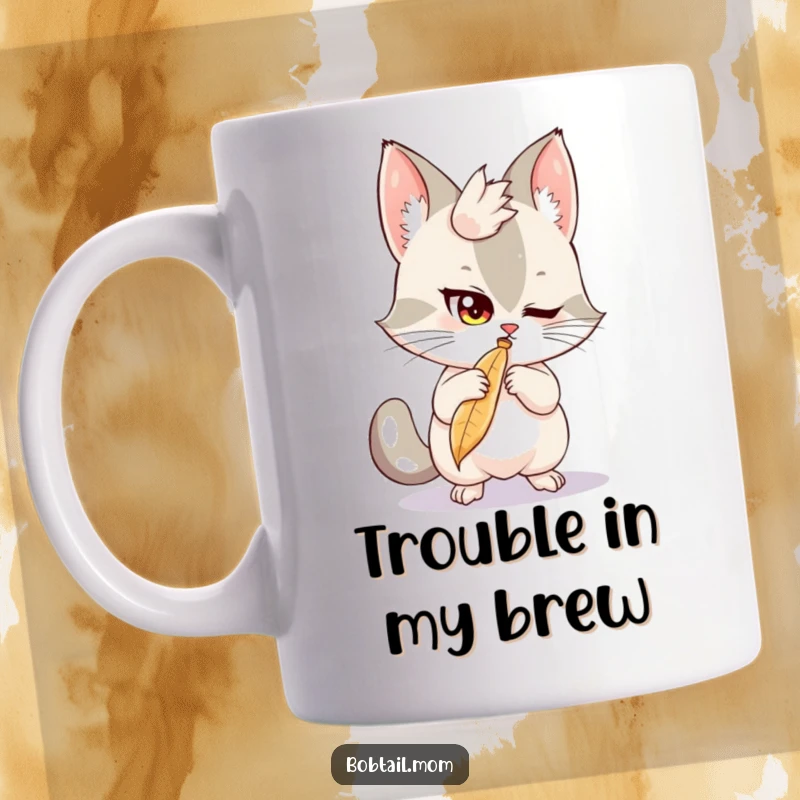 Funny Bobtail Mug: A playful bobtail cat with a mischievous glint bats at a dangling feather, capturing fun antics.