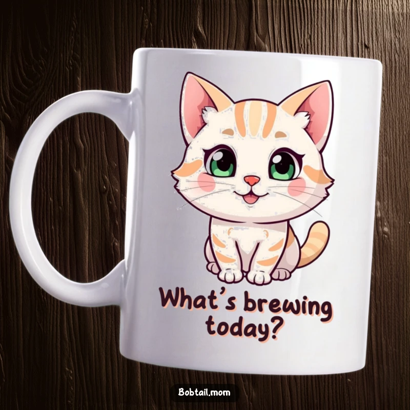 Funny Bobtail cat character mug, looking happy with a curious glance, embodying gentle feline charm, a delightful gift.