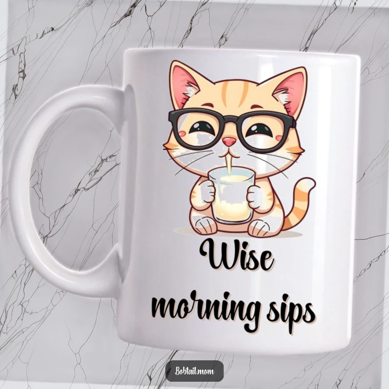 Funny mug depicting a Bobtail cat wearing reading glasses, calmly sipping milk from a saucer, looking very scholarly.