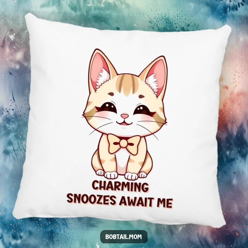 Funny Bobtail Cat Pillow with a charmingly smiling cat and a neat bowtie, perfect for adding a touch of humor and coziness.
