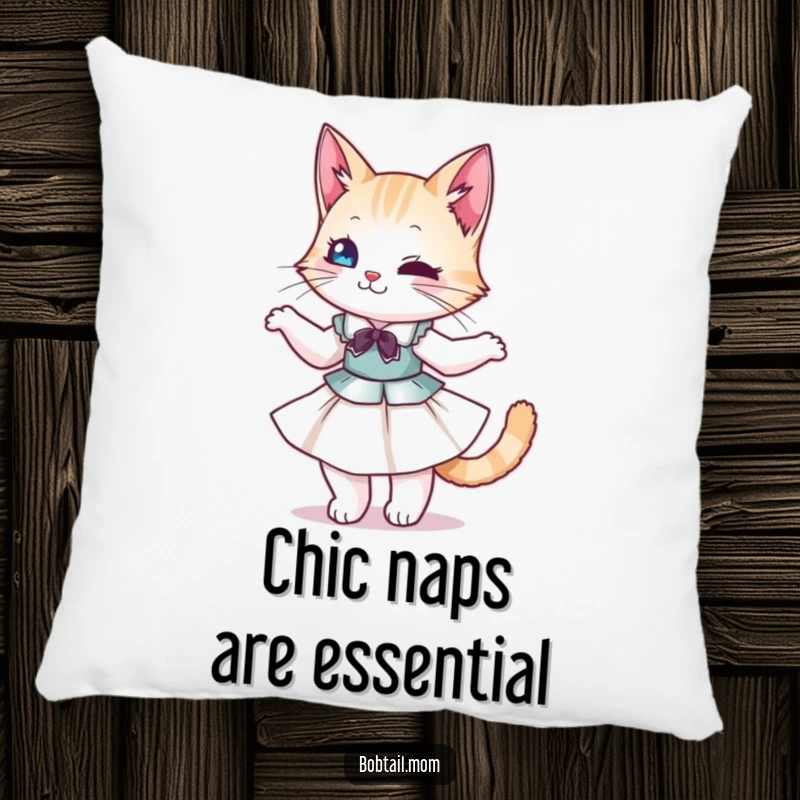 Funny Bobtail Cat Pillow: A stylish cat in a dress, twirling gracefully, offering comfort and hilarious feline charm.