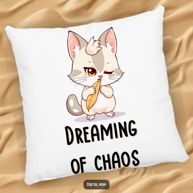 Funny Bobtail Pillow: A mischievous bobtail cat batting at a feather, perfect for humorous and cozy home decor.