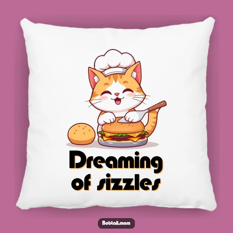 Funny Bobtail Cat Chef Pillow: Cozy Up with Hilarious Burger Flipping Comfort